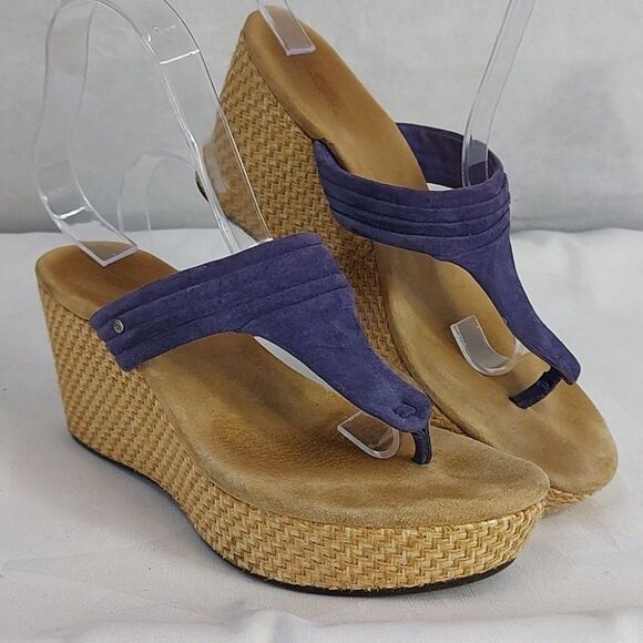 Ugg 3092 Purple Suede Wedge Sandals Split Toe Woven Straw Heels 8 AA - Picture 13 of 13